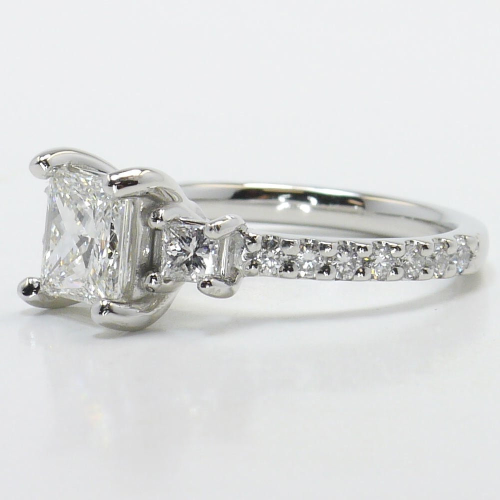 3 Stone Princess Cut White Gold Engagement Ring angle 2