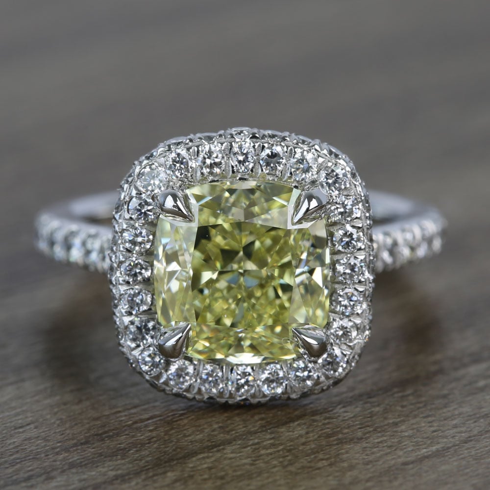 3 Carat Fancy Yellow Cushion Halo Diamond Engagement Ring