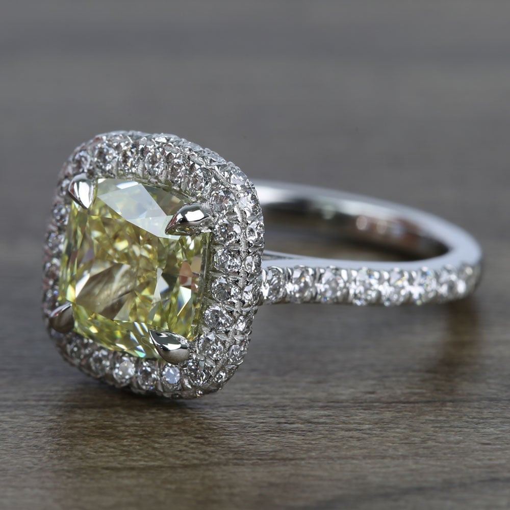 3 Carat Fancy Yellow Cushion Halo Diamond Engagement Ring angle 2