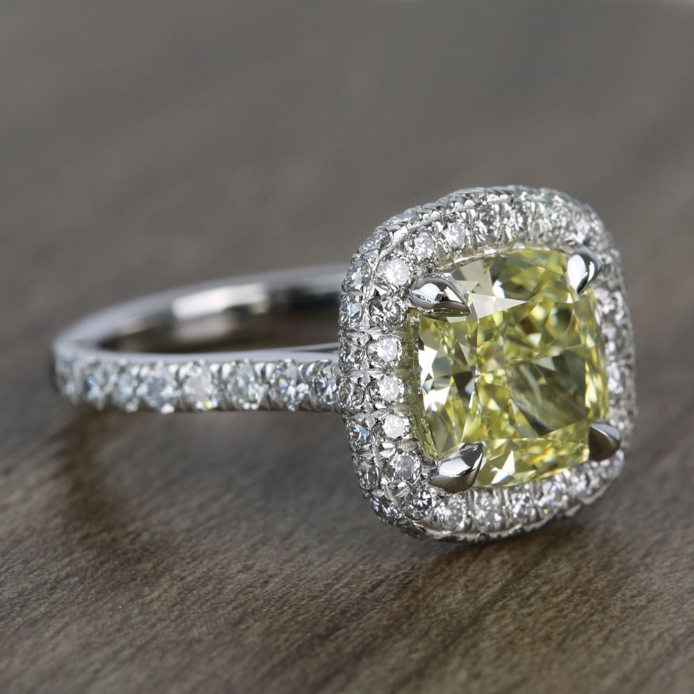 3 Carat Fancy Yellow Cushion Halo Diamond Engagement Ring angle 3