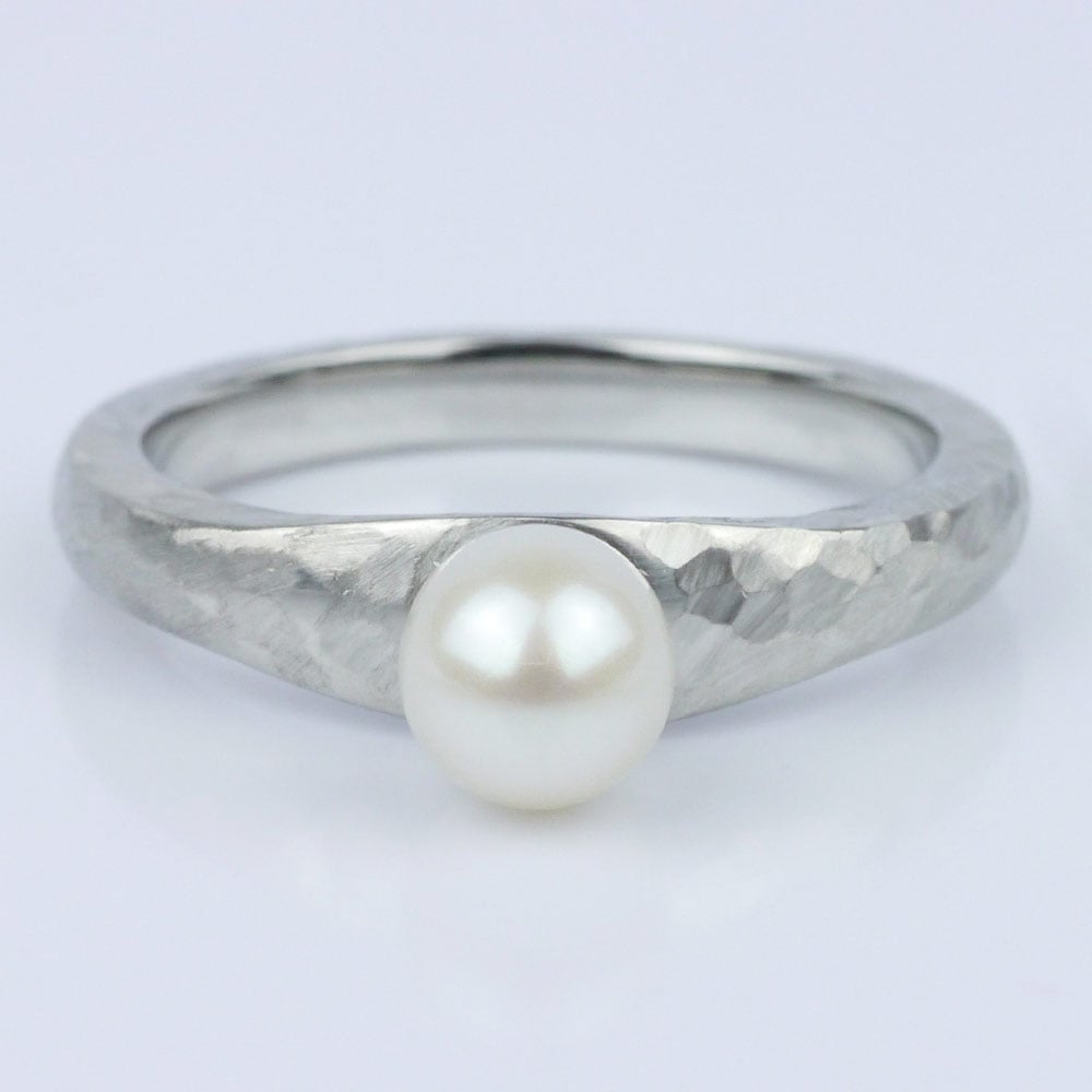Custom Pearl Engagement Ring With Hammered Finish - small