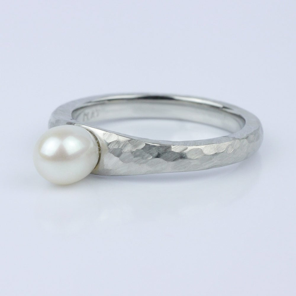 Custom Pearl Engagement Ring With Hammered Finish - small angle 2