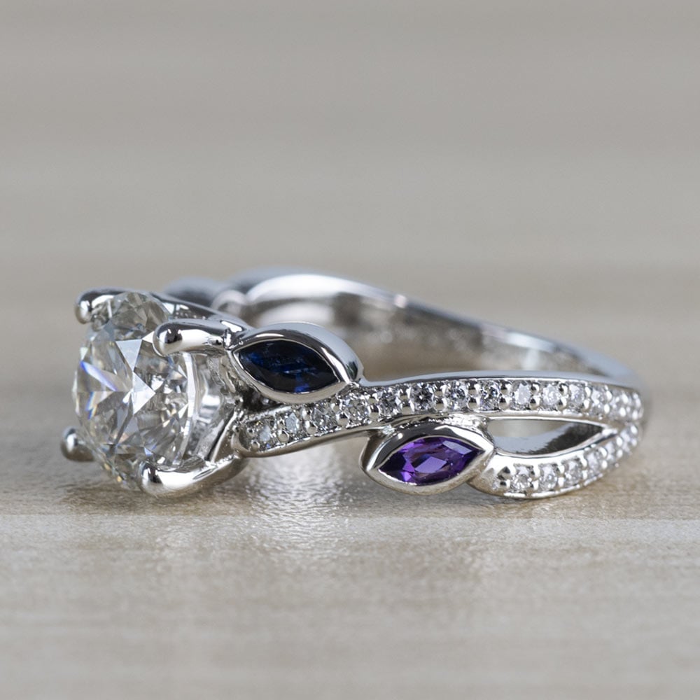 Twisted Petal Diamond Engagement Ring with Sapphire and Amethyst Side Stones - small angle 2
