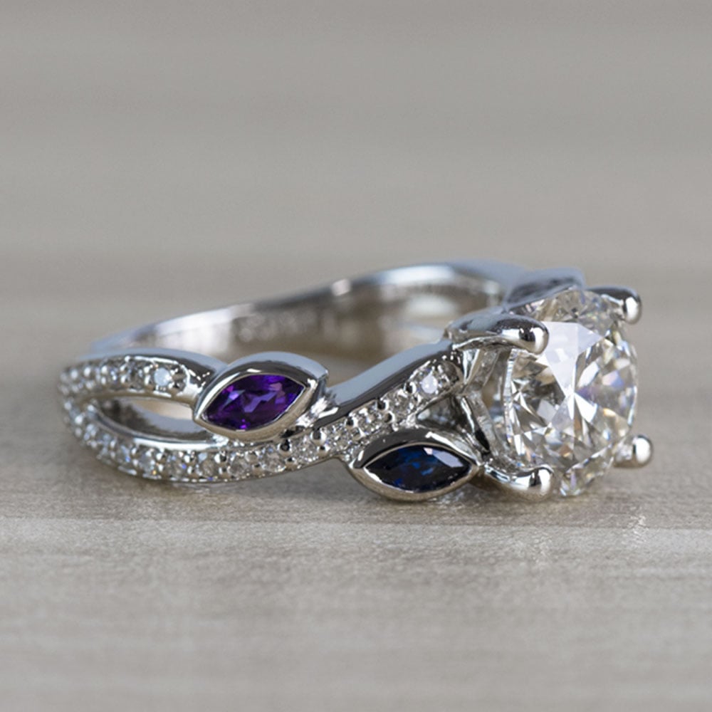 Twisted Petal Diamond Engagement Ring with Sapphire and Amethyst Side Stones angle 3