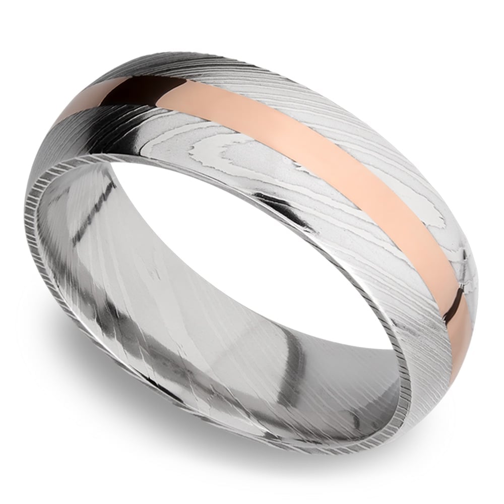 Rose Gold Inlay Mens Wedding Band In Damascus Steel | 01