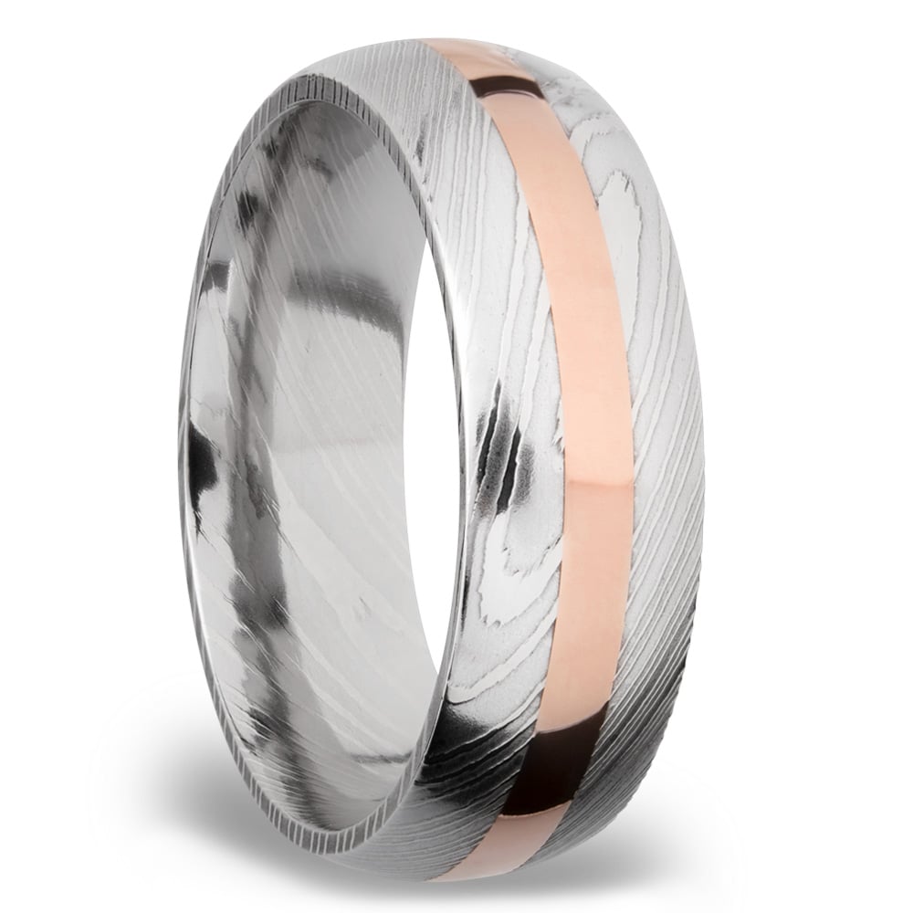 Rose Gold Inlay Mens Wedding Band In Damascus Steel | 02