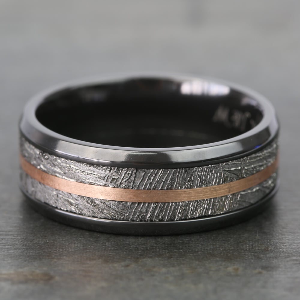 Zero Gravity - Zirconium Mens Ring with Meteorite and 14K Rose Gold (8mm) | 04