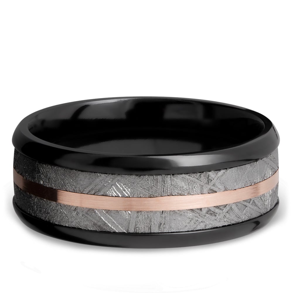 Zero Gravity - Zirconium Mens Ring with Meteorite and 14K Rose Gold (8mm) | 03