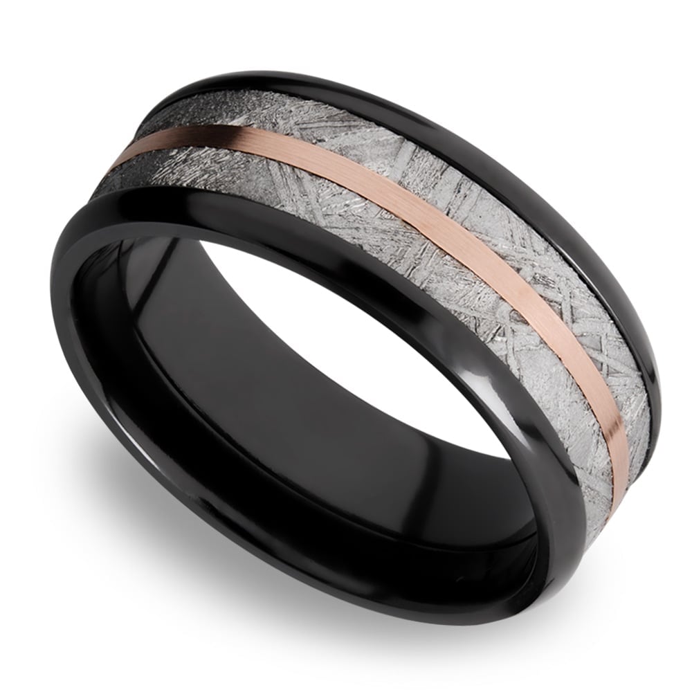 Zero Gravity - Zirconium Mens Ring with Meteorite and 14K Rose Gold (8mm) | 01