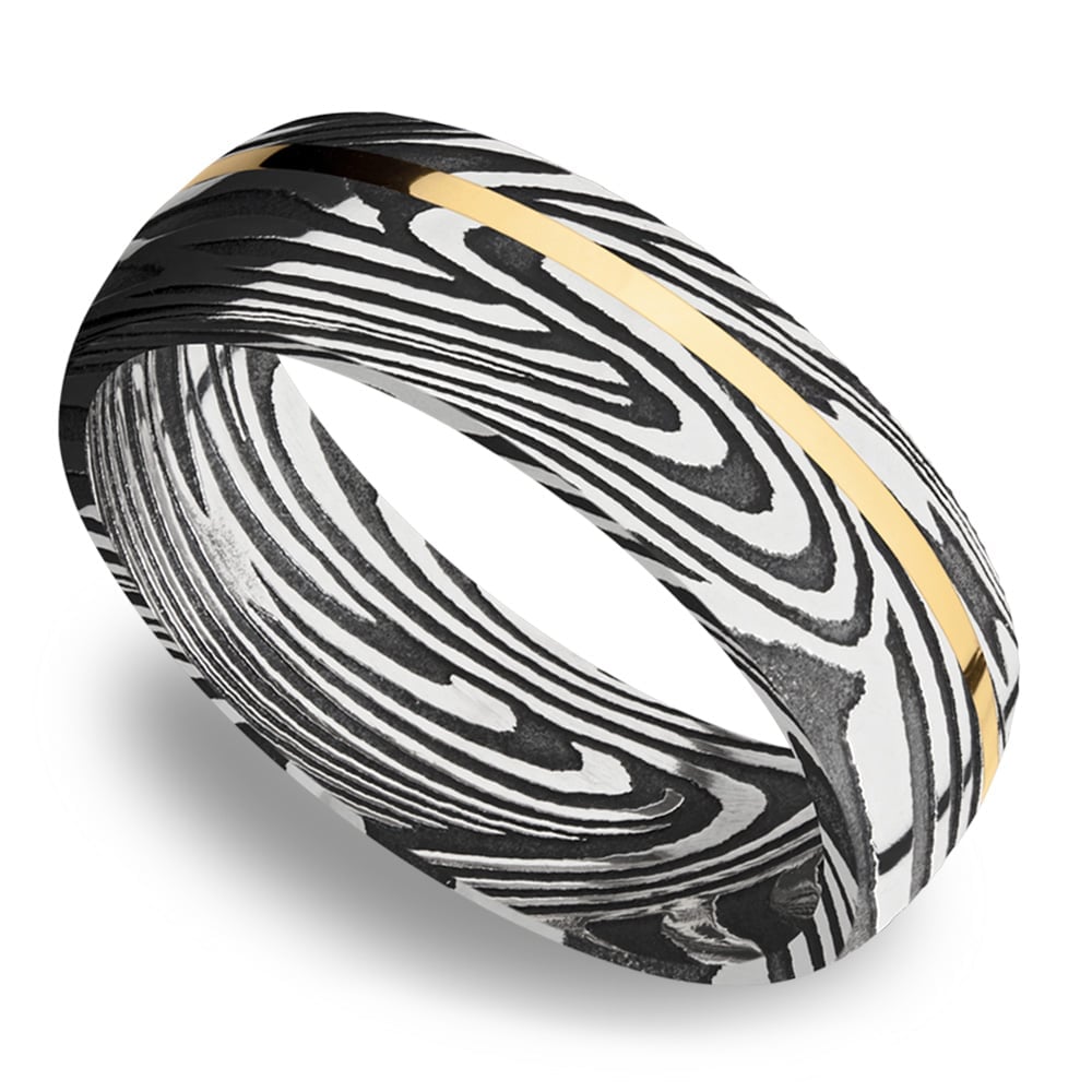 Damascus Steel Mens Ring With 14K Gold Inlay | 01