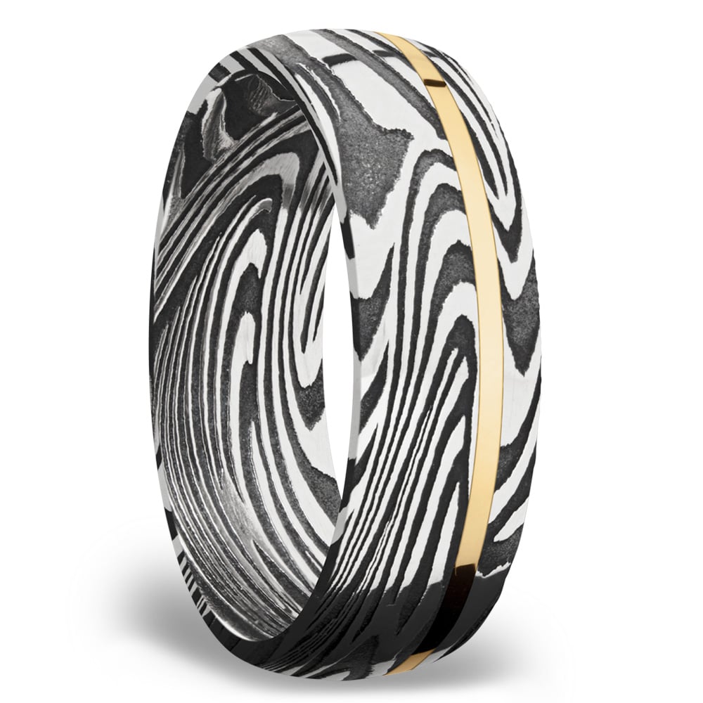 Damascus Steel Mens Ring With 14K Gold Inlay | 02