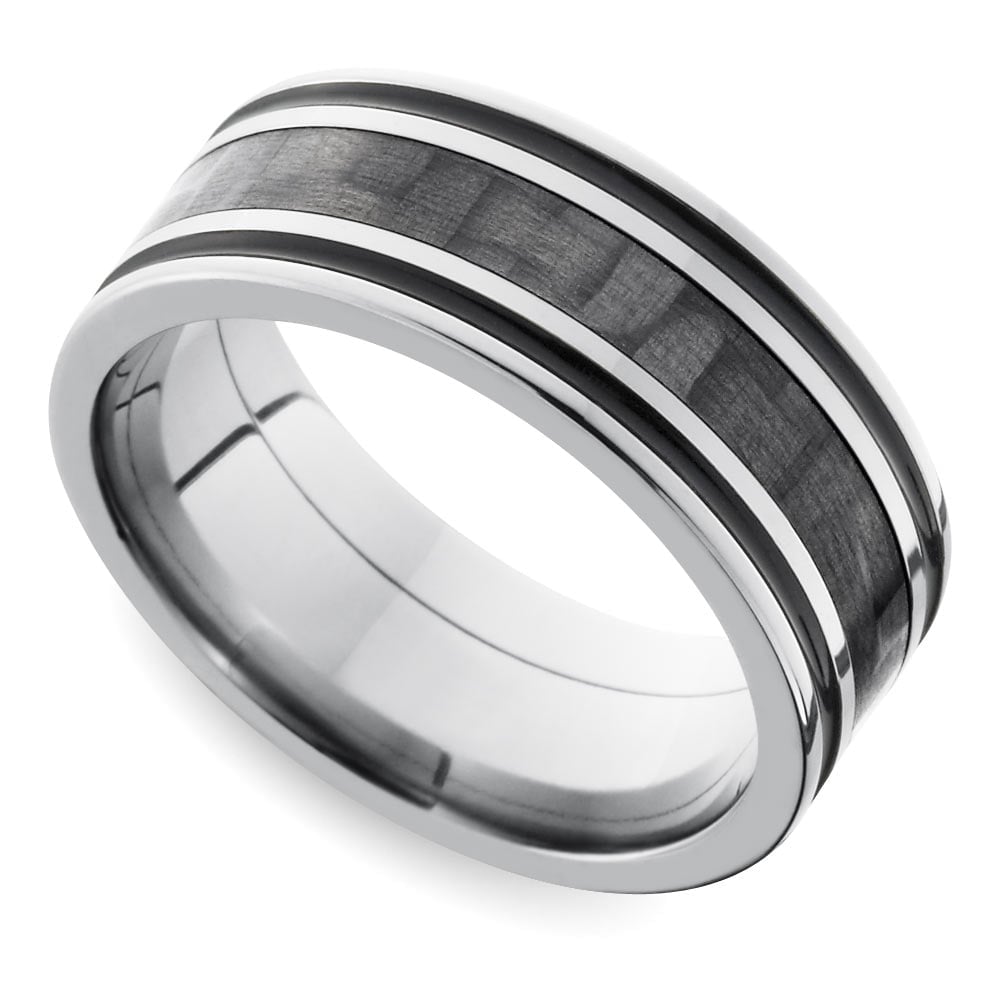 Mens Grooved Carbon Fiber Wedding Ring In Titanium (8mm) | 01