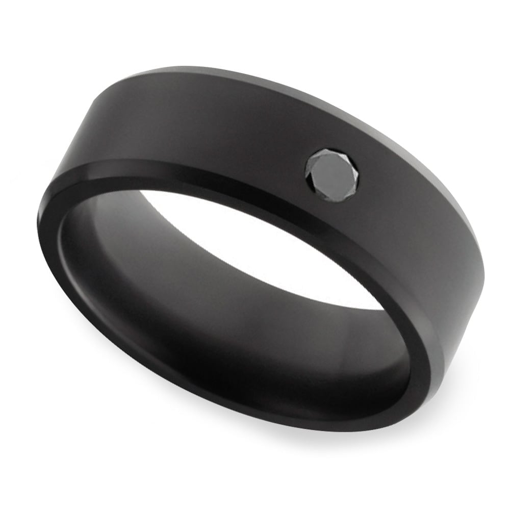 Ares - Polished Black Elysium Wedding Band With Solitaire Black Diamond (8mm) | 01