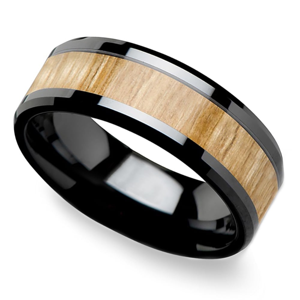 Mens Ash Wood Wedding Ring In Black Ceramic | 01