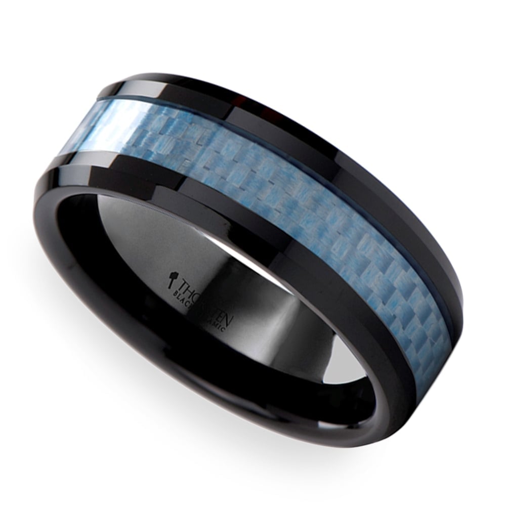 Blue Carbon Fiber Mens Ring In Black Ceramic | 01