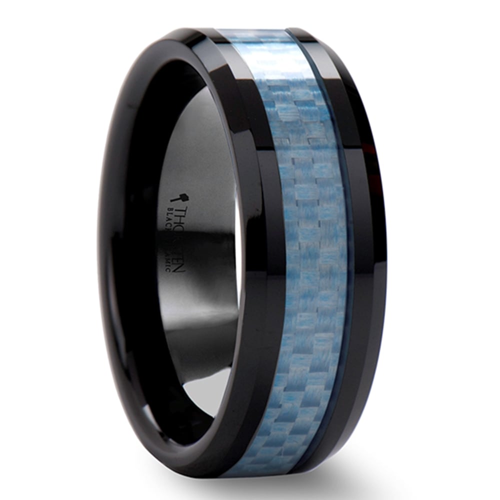 Blue Carbon Fiber Mens Ring In Black Ceramic | 02