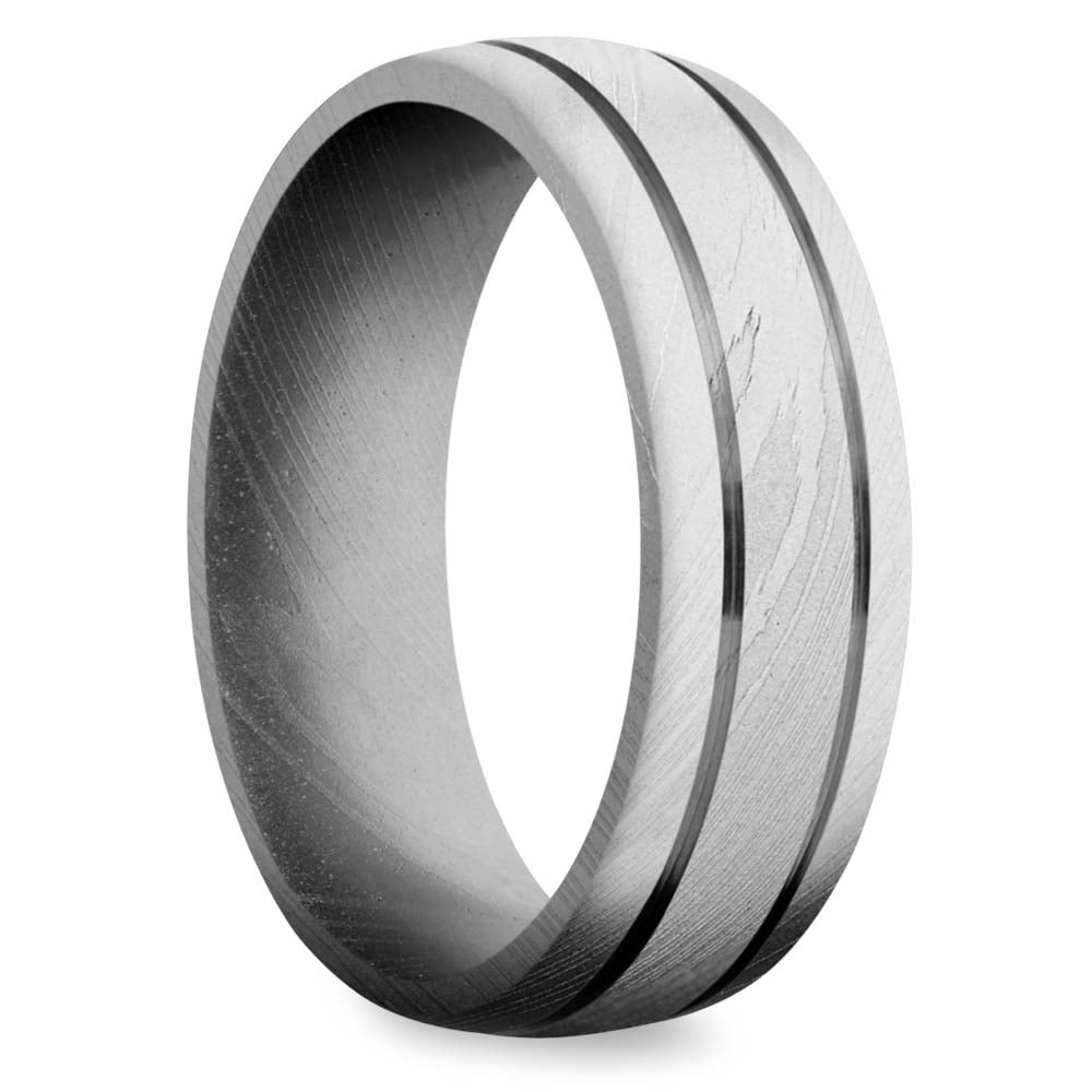 Bead Blasted Mens Damascus Steel Ring With Groove Details (7mm) | 02