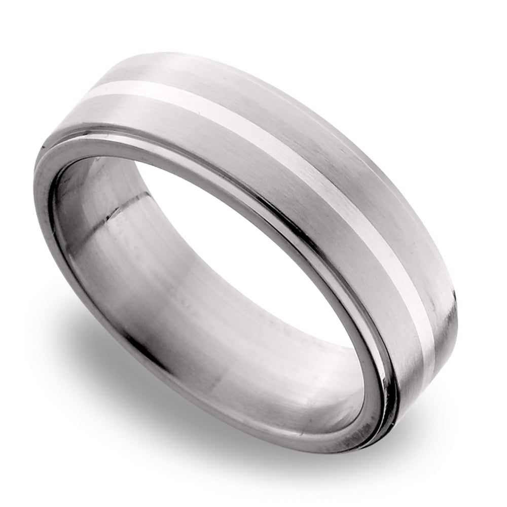 Stepped Edges Sterling Silver Inlay Men's Wedding Ring in Titanium (7mm) | 01
