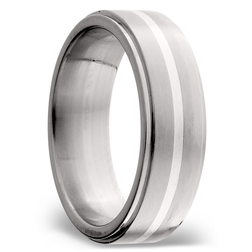 Stepped Edges Sterling Silver Inlay Men's Wedding Ring in Titanium (7mm) | 02