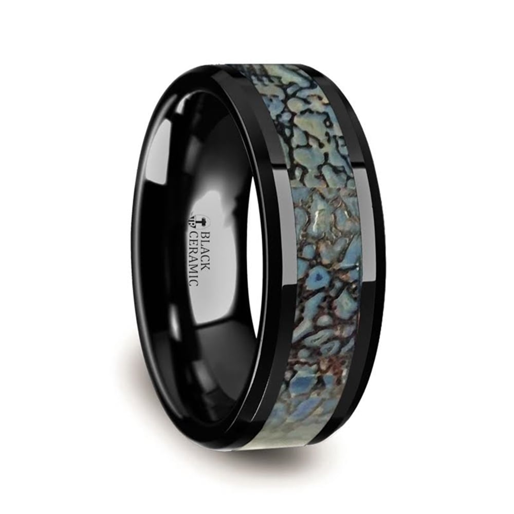Beveled Blue Dinosaur Bone Inlay Men's Wedding Ring in Black Ceramic (8mm) | 02