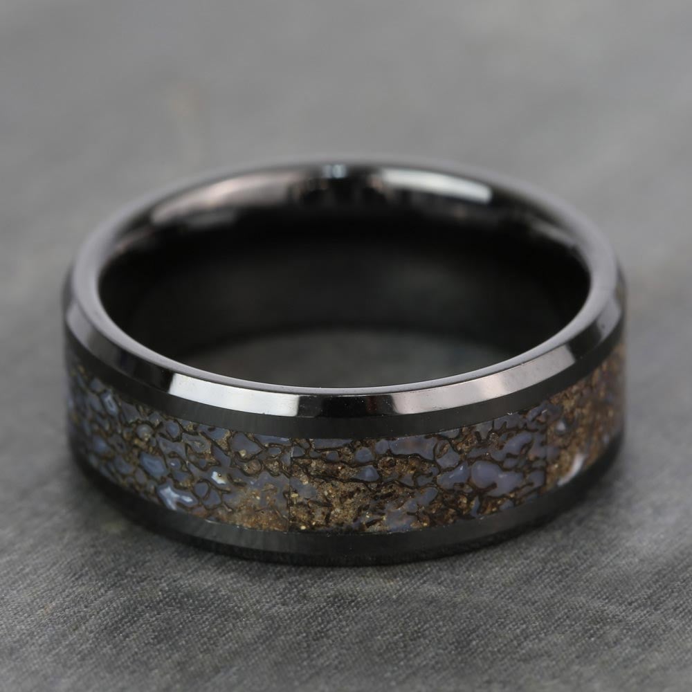 Beveled Blue Dinosaur Bone Inlay Men's Wedding Ring in Black Ceramic (8mm) | 04