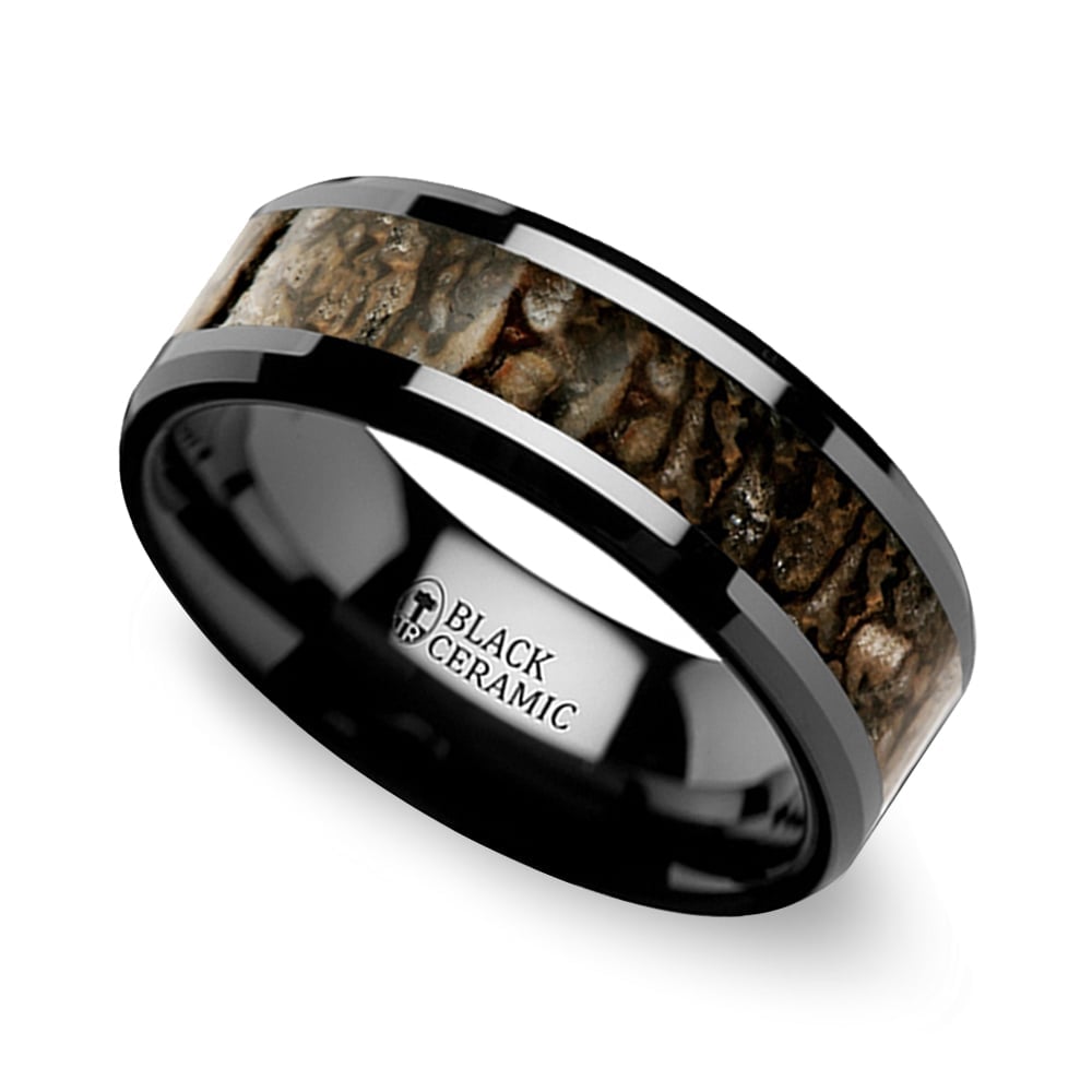 Beveled Dinosaur Bone Inlay Men's Wedding Ring in Black Ceramic (8mm) | Zoom
