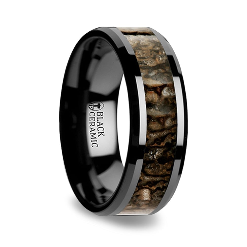 Beveled Dinosaur Bone Inlay Men's Wedding Ring in Black Ceramic (8mm) | 02