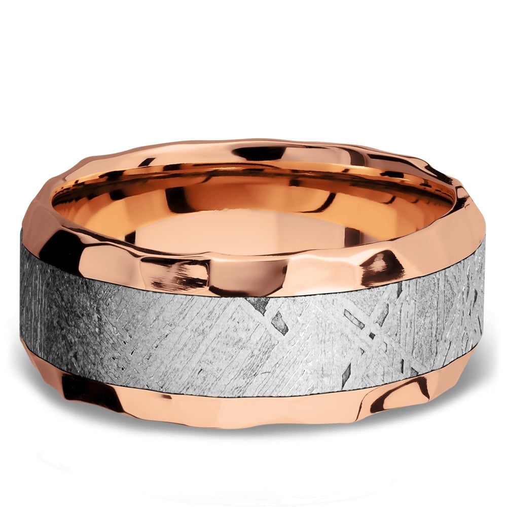 Daybreaker - Hammered 14K Rose Gold Mens Band with Meteorite Inlay (9mm) | 02