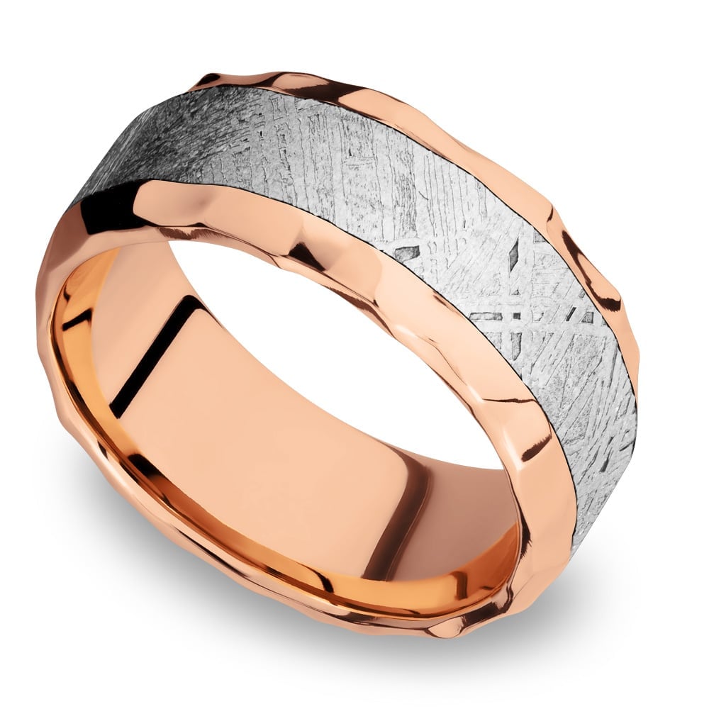 Daybreaker - Hammered 14K Rose Gold Mens Band with Meteorite Inlay (9mm) | 01