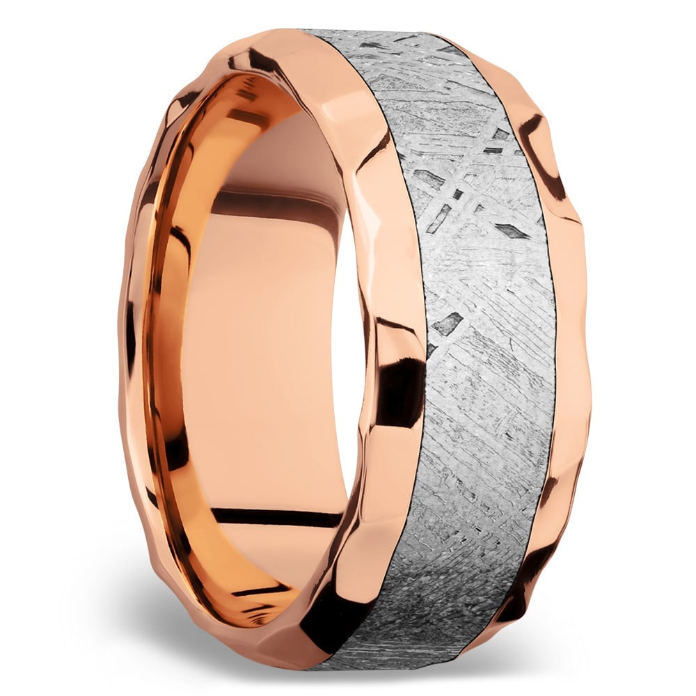 Daybreaker - Hammered 14K Rose Gold Mens Band with Meteorite Inlay (9mm) | 03