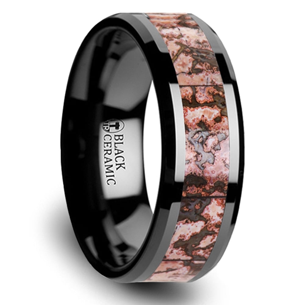 Mens Pink Dinosaur Bone Wedding Ring In Black Ceramic | 02
