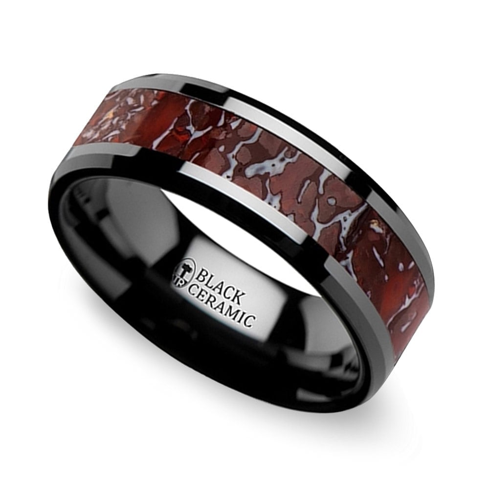 Beveled Red Dinosaur Bone Inlay Men's Wedding Ring in Black Ceramic (8mm) | Zoom