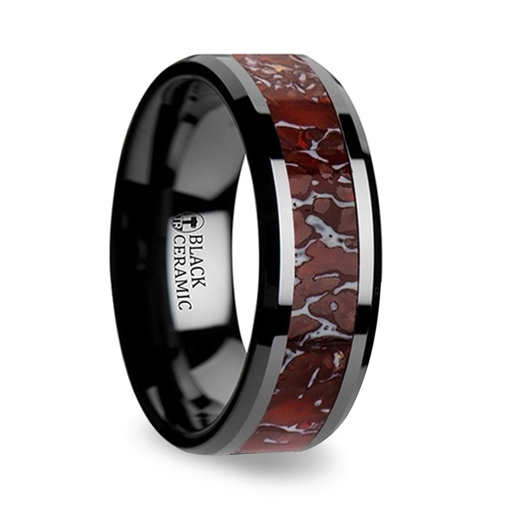 Beveled Red Dinosaur Bone Inlay Men's Wedding Ring in Black Ceramic (8mm) | Thumbnail 02