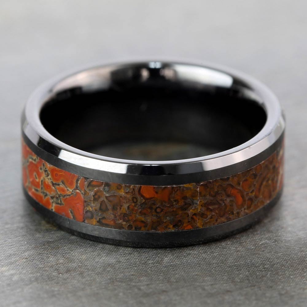 Beveled Red Dinosaur Bone Inlay Men's Wedding Ring in Black Ceramic (8mm) | 04