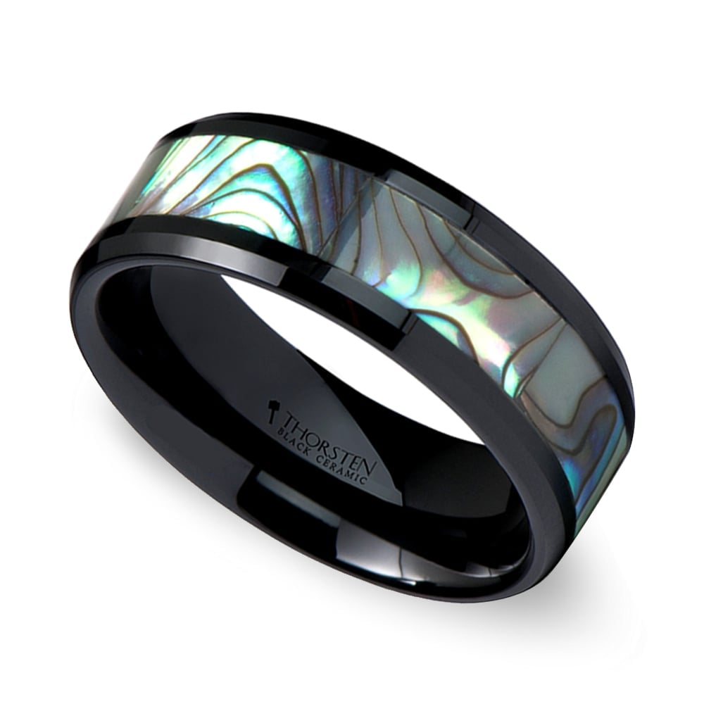 Aurora - Abalone Shell Inlay Wedding Band In Black Ceramic For Men | 01