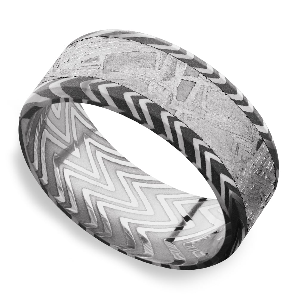 Zebra Damascus Ring With Meteorite Inlay - Pulsar (9mm) | 01