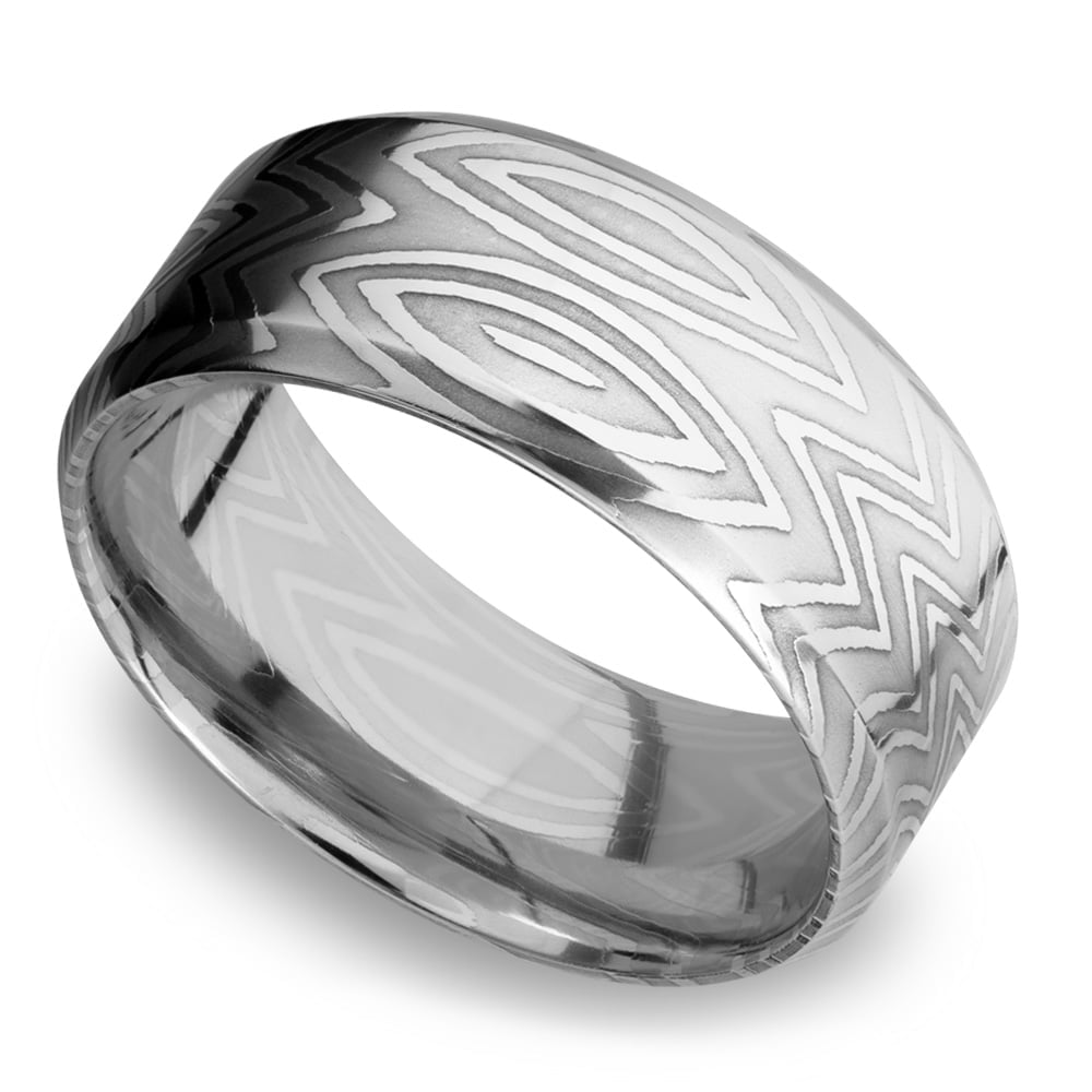 Mens Zebra Wedding Ring In Damascus Steel  | 01
