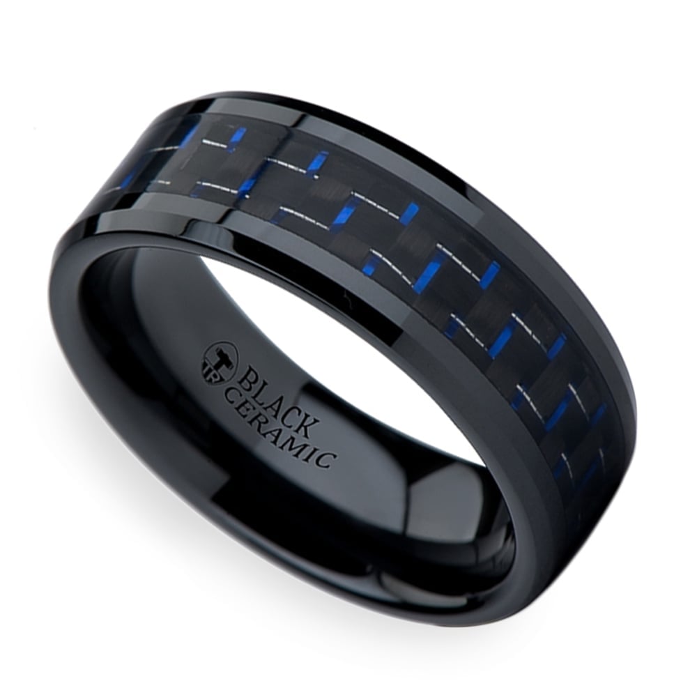 Black Ceramic Men's Ring with Blue & Black Carbon Fiber Inlay (8mm)  | 01