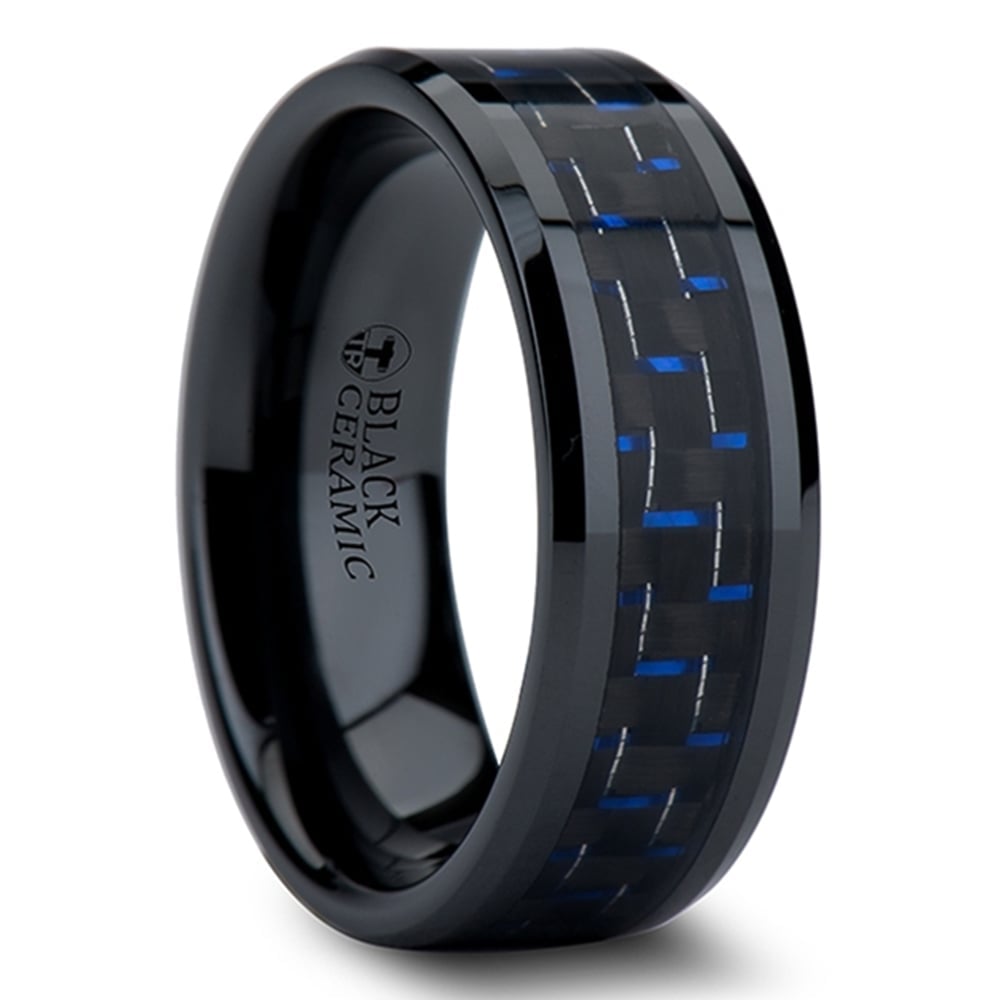 Black Ceramic Men's Ring with Blue & Black Carbon Fiber Inlay (8mm)  | 02