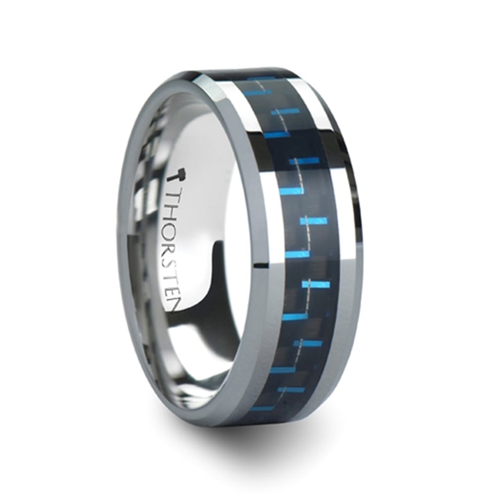 Black & Blue Carbon Fiber Inlay Tungsten Carbide Men's Ring (8mm) | 02