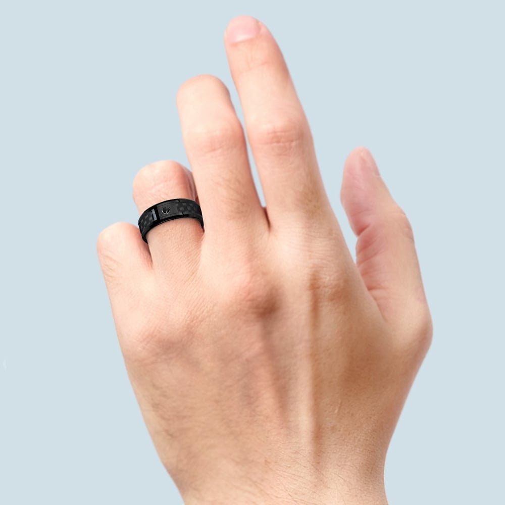 Black Ceramic Carbon Fiber Men's Ring with Black Diamond (8mm) | 04
