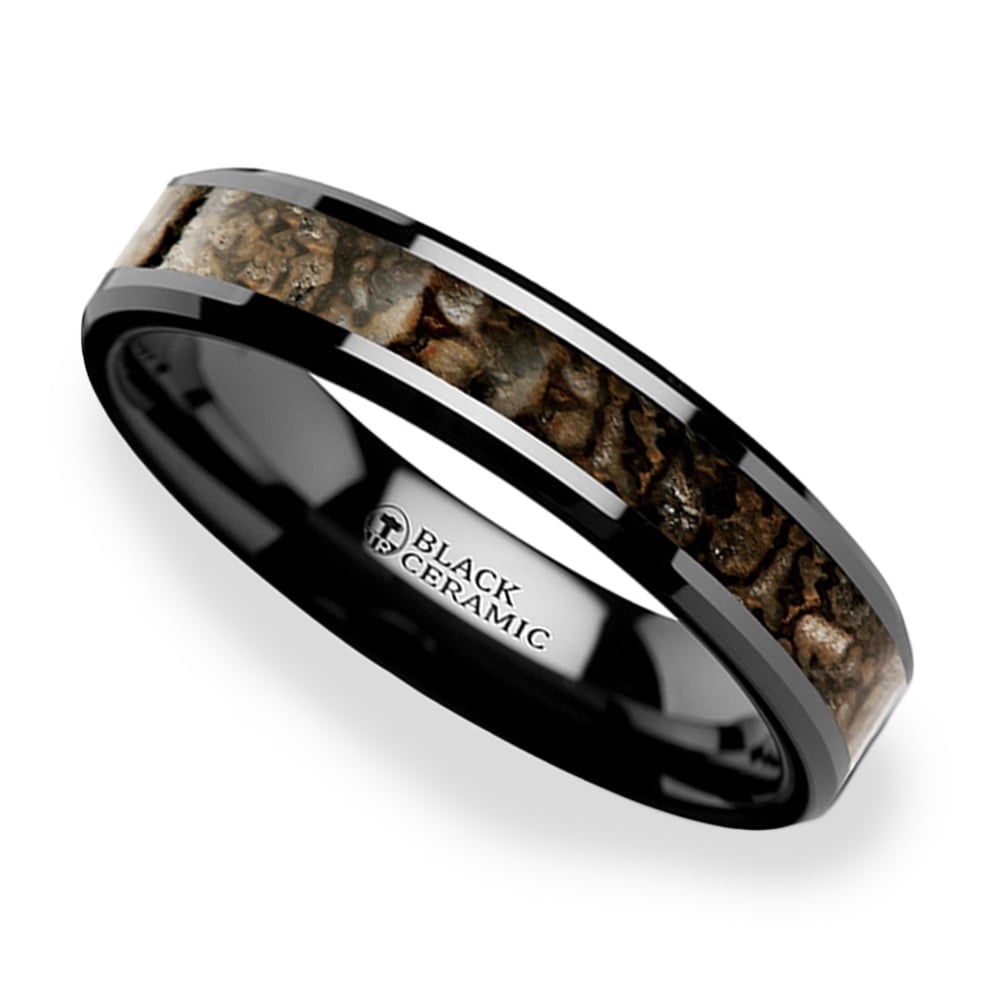 Black Ceramic Dinosaur Bone Inlaid Ring | 01