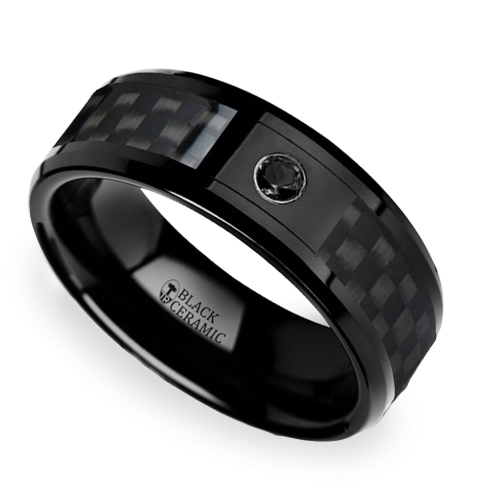 Black Ceramic Carbon Fiber Men's Ring with Black Diamond (8mm) | Thumbnail 01