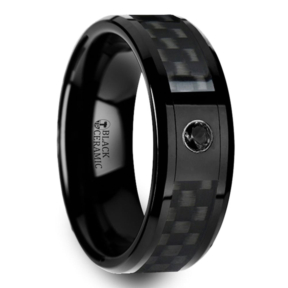 Black Ceramic Carbon Fiber Men's Ring with Black Diamond (8mm) | 02