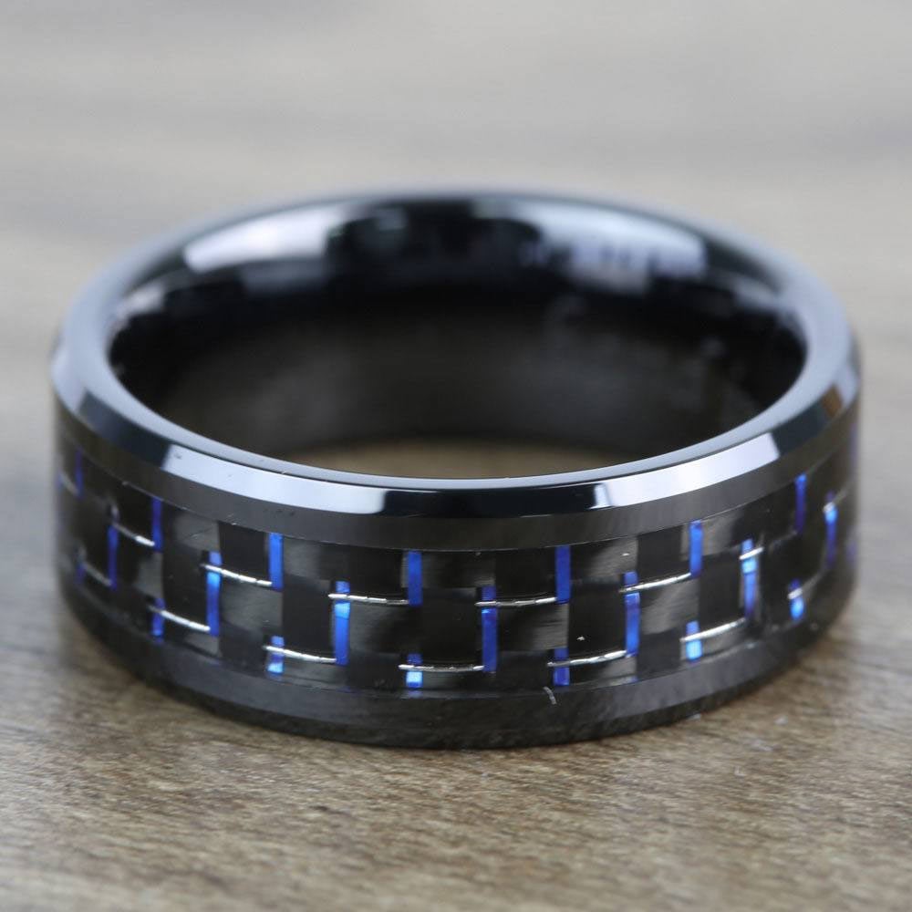 Black Ceramic Men's Ring with Blue & Black Carbon Fiber Inlay (8mm)  | 03
