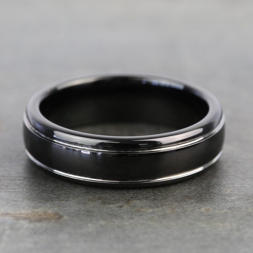Black Domed Men's Wedding Ring with White Groove in Tungsten (6mm) | 04