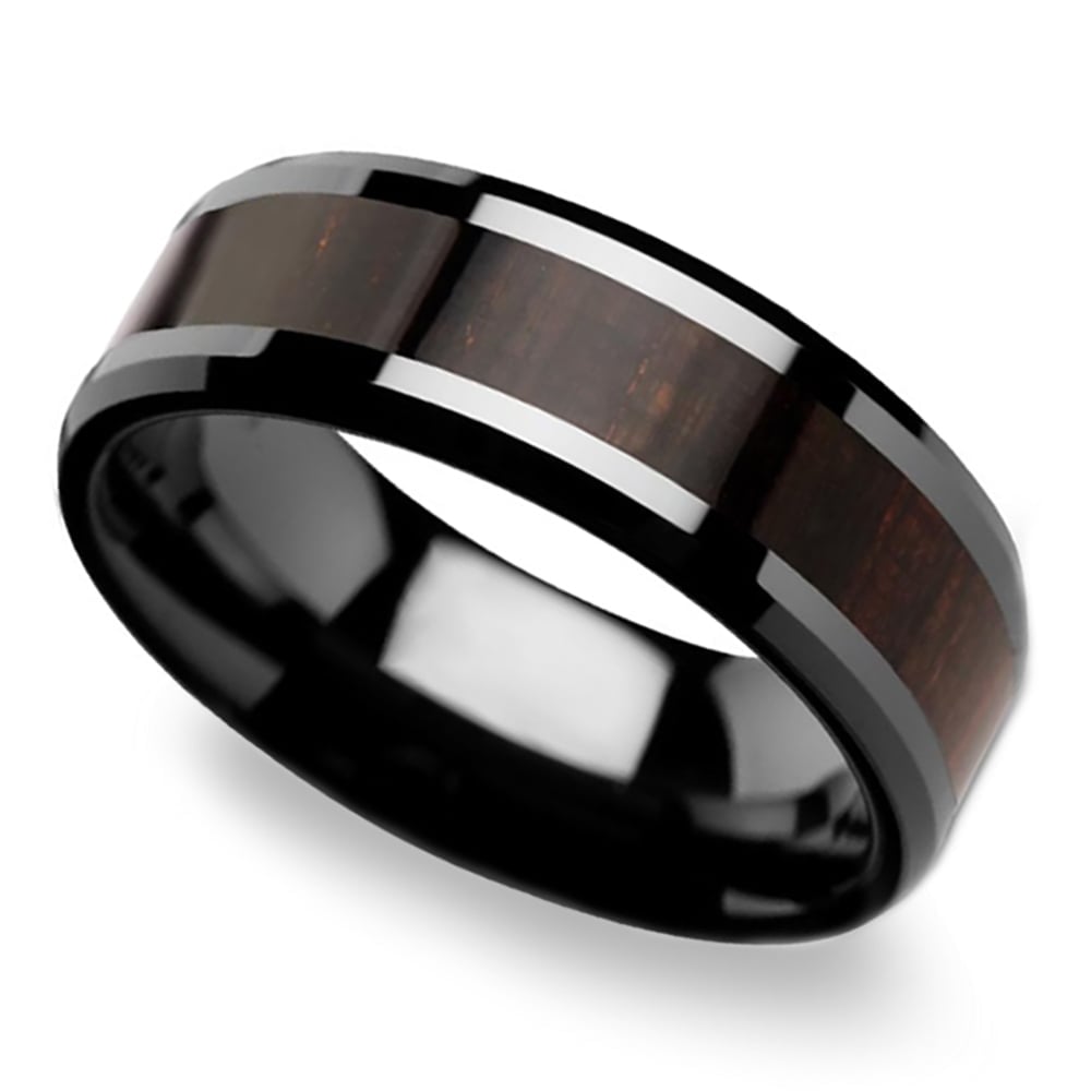 Black Ebony - Black Ceramic Mens Ring with Wood Inlay (8mm) | 01