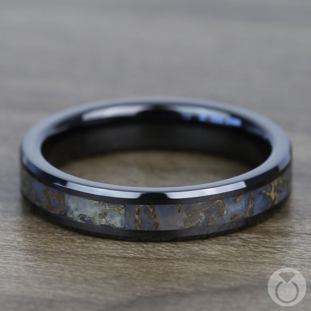 Blue Dinosaur Bone Inlay Wedding Ring in Black Ceramic (4mm) | 04