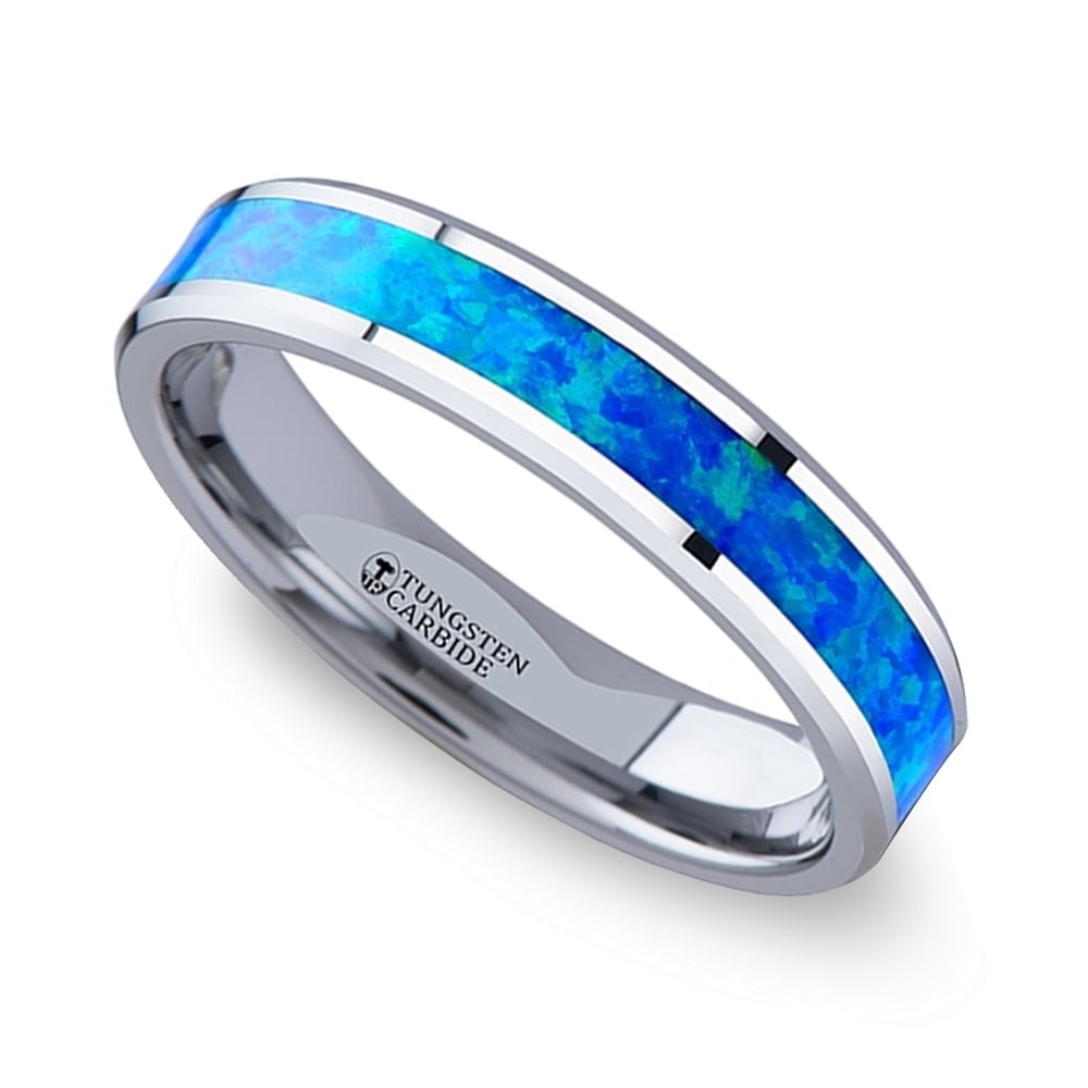Blue Green Opal Inlay Tungsten Wedding Ring (4mm) | Zoom