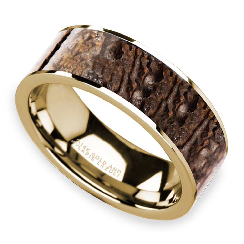 Brown Dinosaur Bone Inlay Men's Wedding Ring in 14K Yellow Gold (8mm) | 01